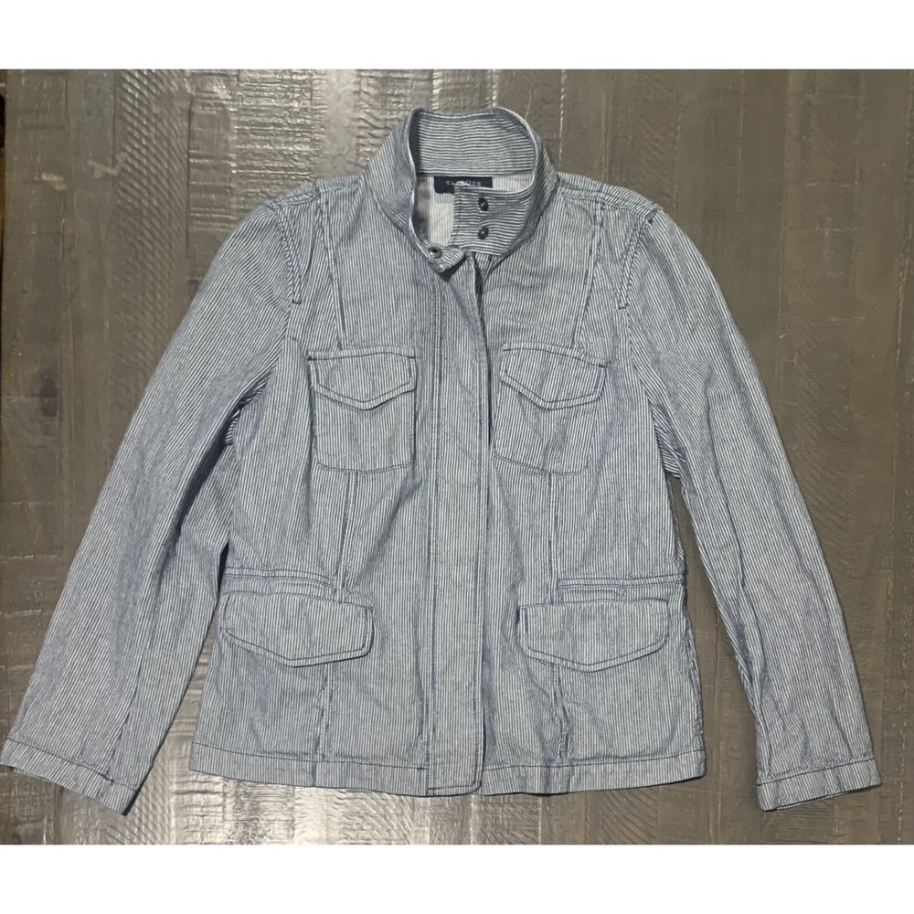 Talbots Pinstripe Zip Up Buttons Denim Jean Jacket Coat Women's Size 12P Petites